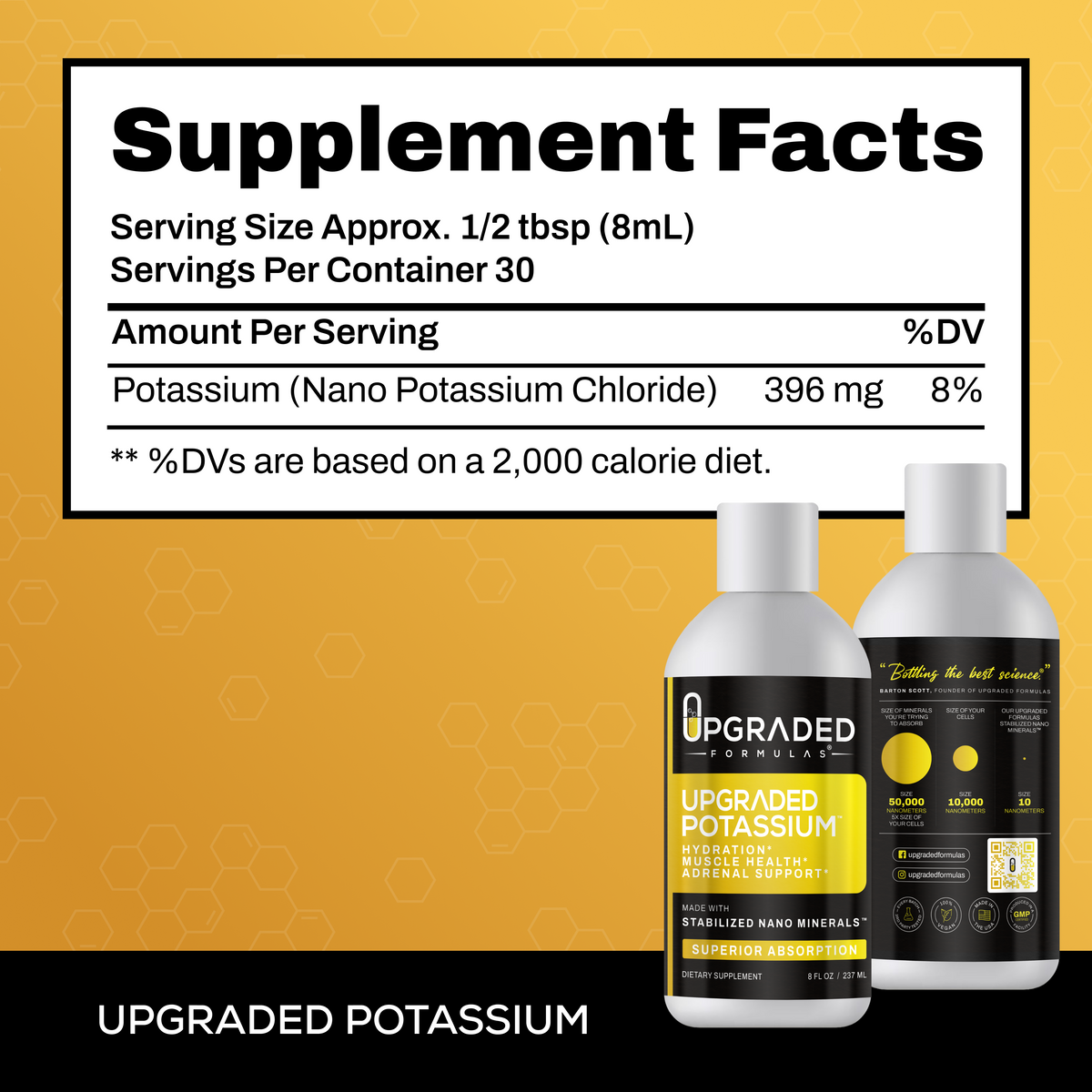 Supplement facts label with two bottles of Upgraded Potassium on a yellow background
