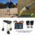 Two people exercising outdoors with resistance bands, followed by a display of resistance band equipment.