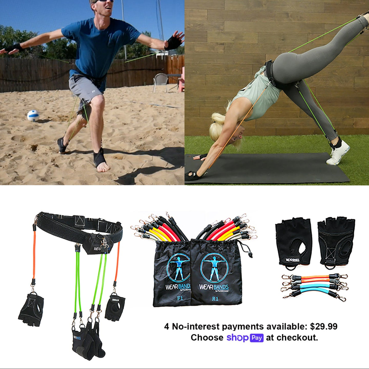 Two people exercising outdoors with resistance bands, followed by a display of resistance band equipment.