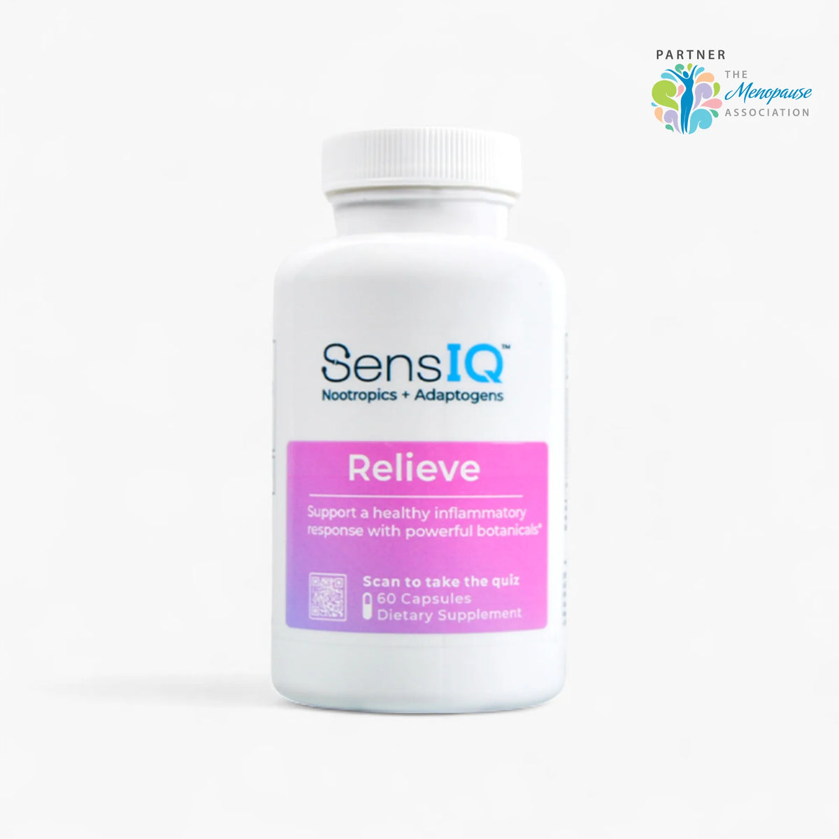 SensIQ Relieve supplement bottle on a white background