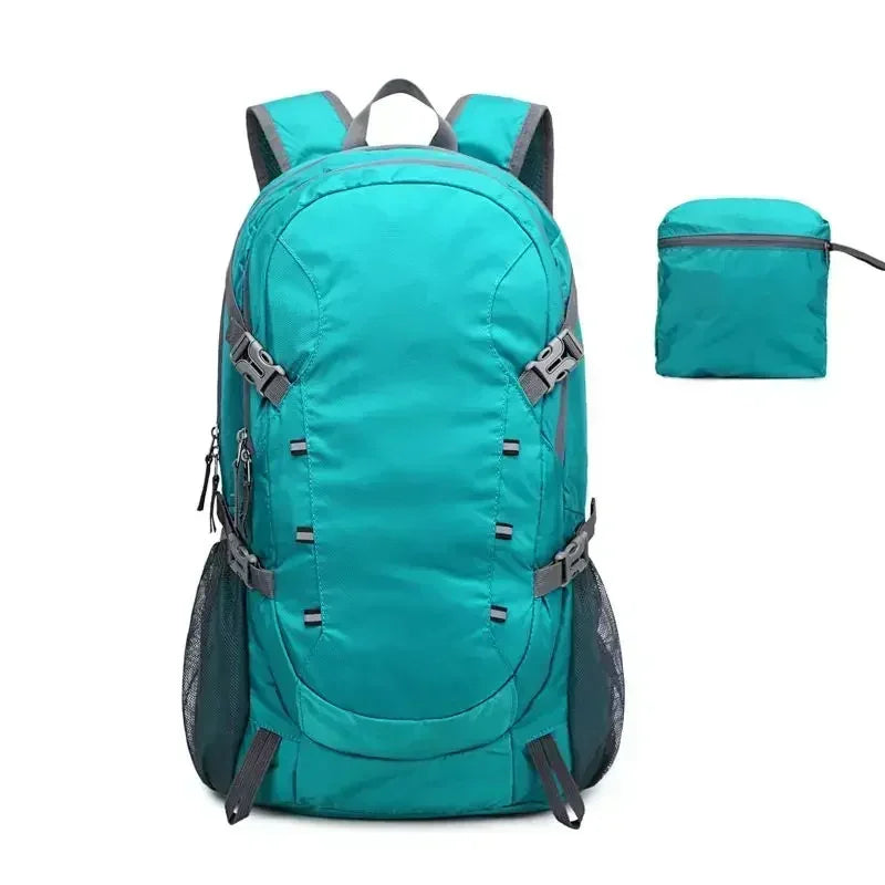 Teal backpack with gray straps on a white background