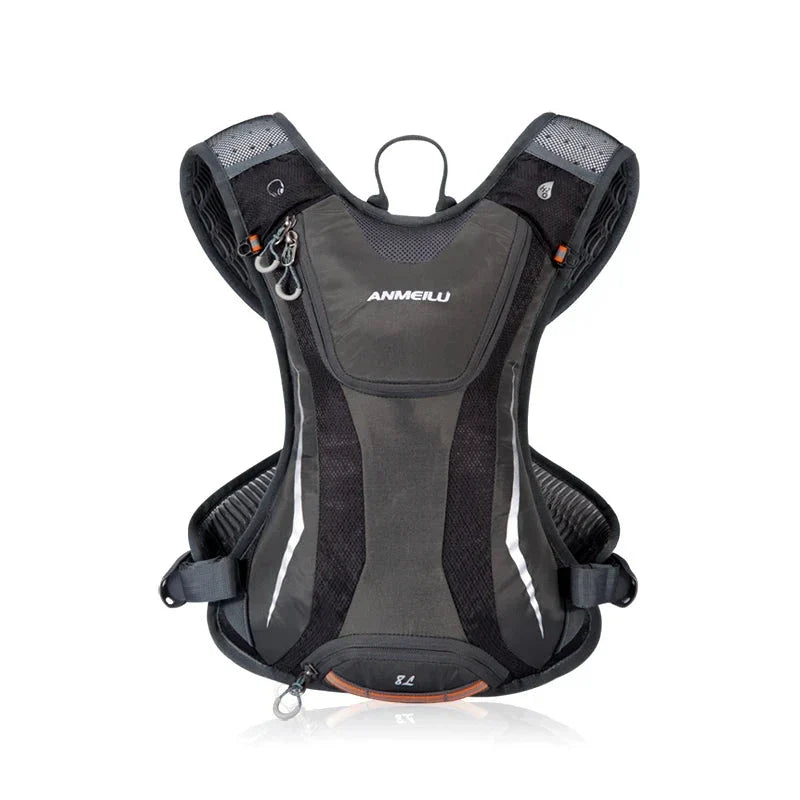 Black and gray hydration backpack with 'ANMEILU' branding on a white background