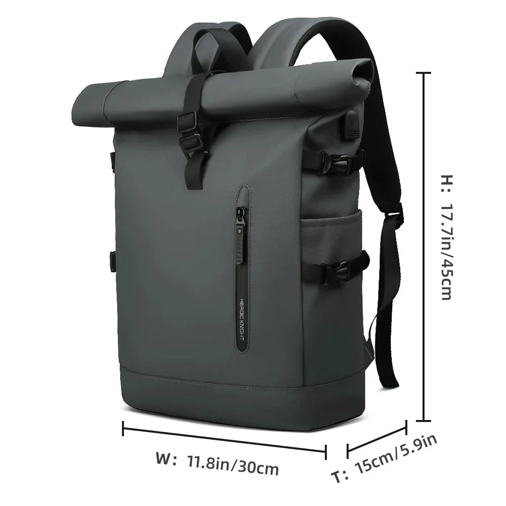 Gray roll-top backpack with measurements on a white background