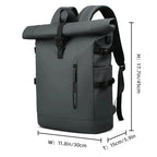 Gray roll-top backpack with measurements on a white background