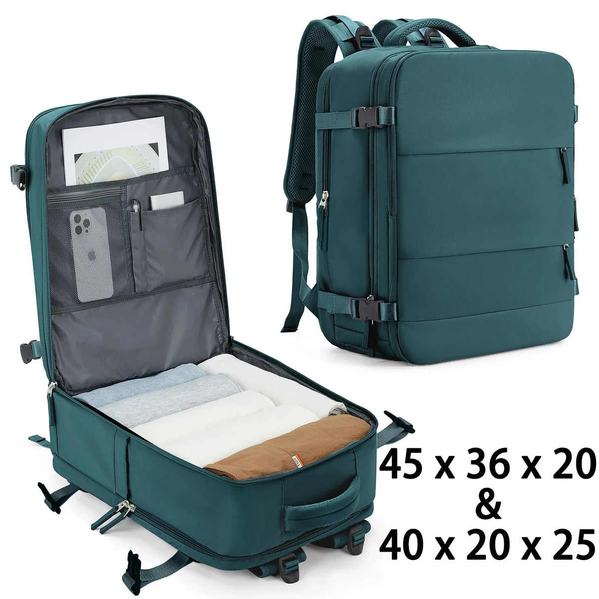 Green backpack with open compartment showing organization, dimensions displayed.