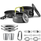 Set of camping cookware including pots, pans,