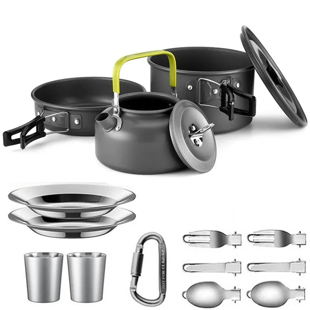 Set of camping cookware including pots, pans,