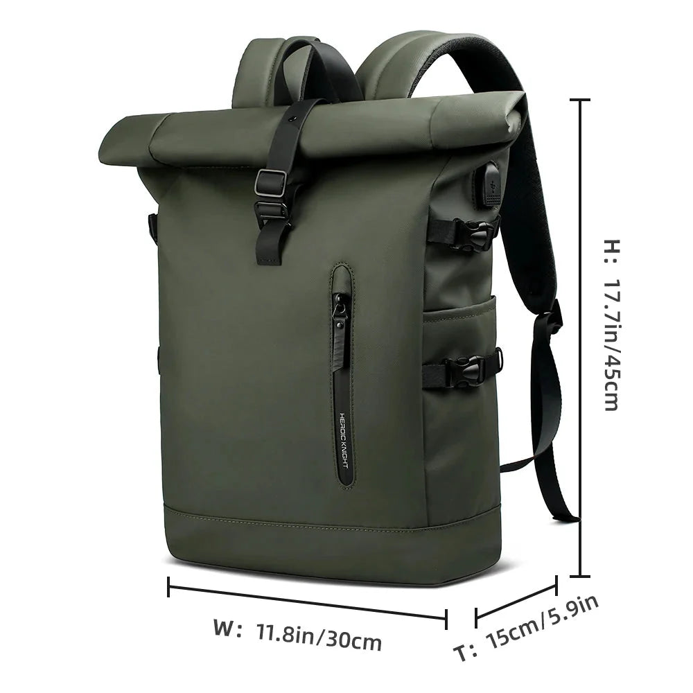 Green roll-top backpack with measurements on a white background