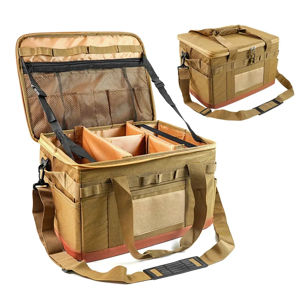 Brown tactical bag with multiple compartments and straps on a white background