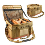 Brown tactical bag with multiple compartments and straps on a white background