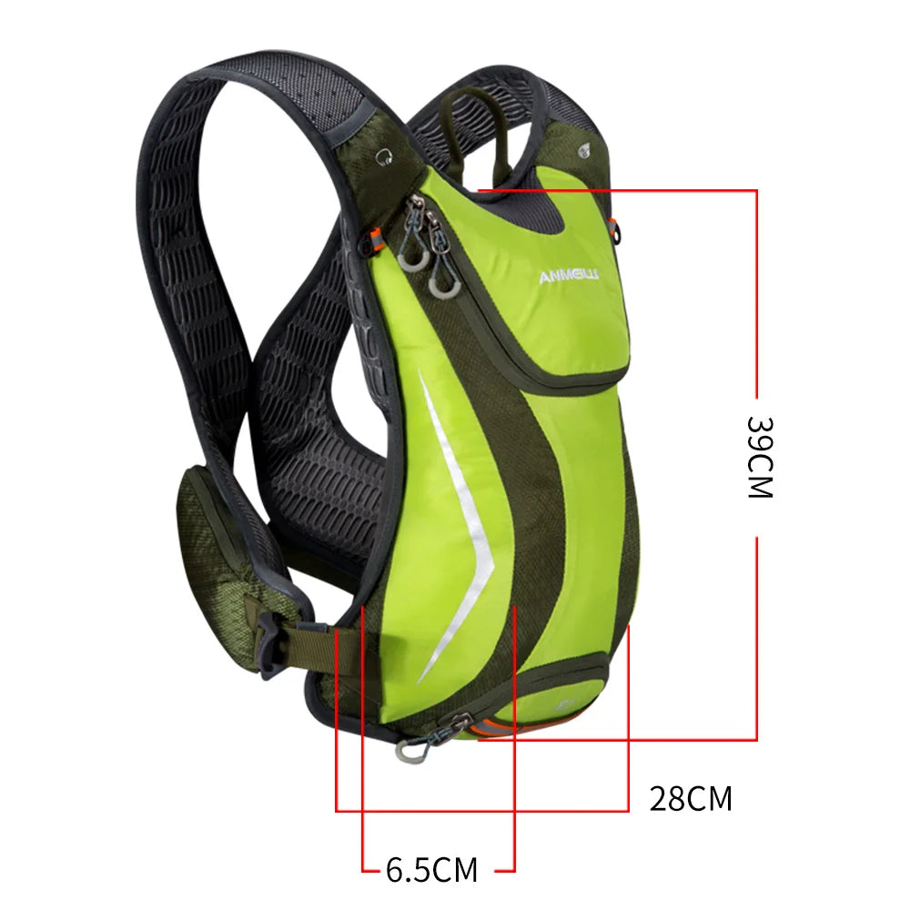 Green and black hydration backpack with measurements on a white background