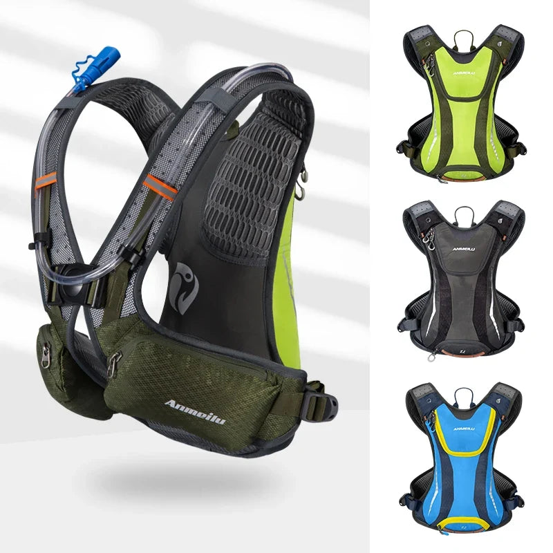 Hydration vests in green, black, and blue on a white background