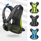 Hydration vests in green, black, and blue on a white background