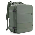 An olive green backpack with multiple zippered compartments and black plastic buckle straps, shown from a three-quarters angle on a white background.