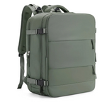 An olive green backpack with multiple zippered compartments and black plastic buckle straps, shown from a three-quarters angle on a white background.