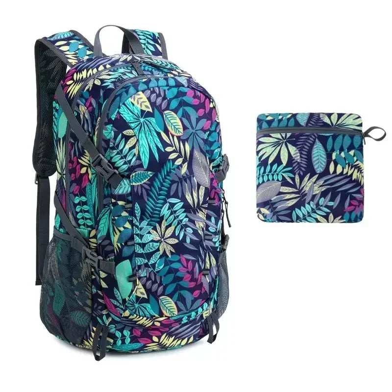 Floral-patterned backpack and pouch on a white background
