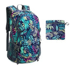 Floral-patterned backpack and pouch on a white background