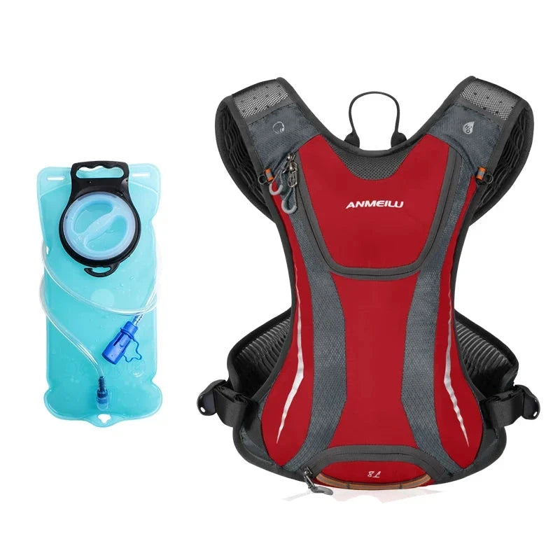 Red and gray hydration backpack with a blue water bladder on a white background