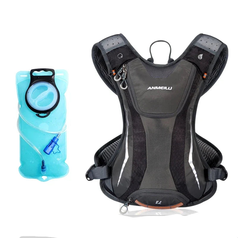 Gray hydration backpack with blue water bladder on a white background