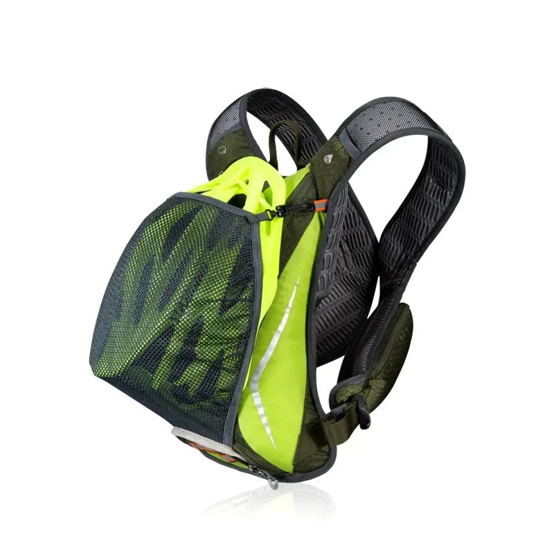 Backpack with a green mesh side pocket on a white background