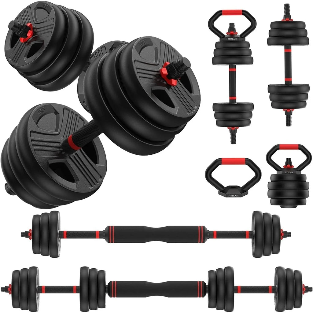 Set of adjustable dumbbells and weight plates on a white background