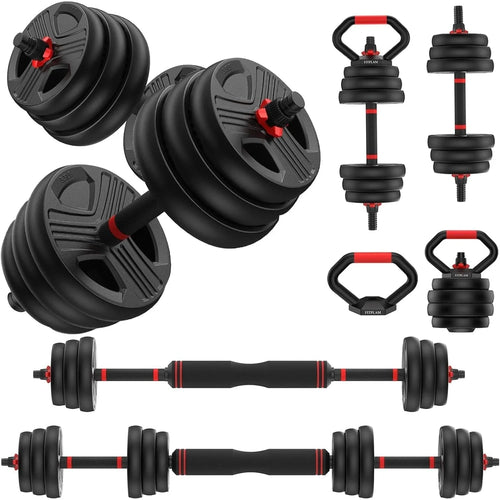 Set of adjustable dumbbells and weight plates on a white background