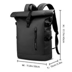 Black roll-top backpack with measurements on a white background