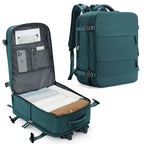 Green travel backpack with open compartment showing organized items on a white background