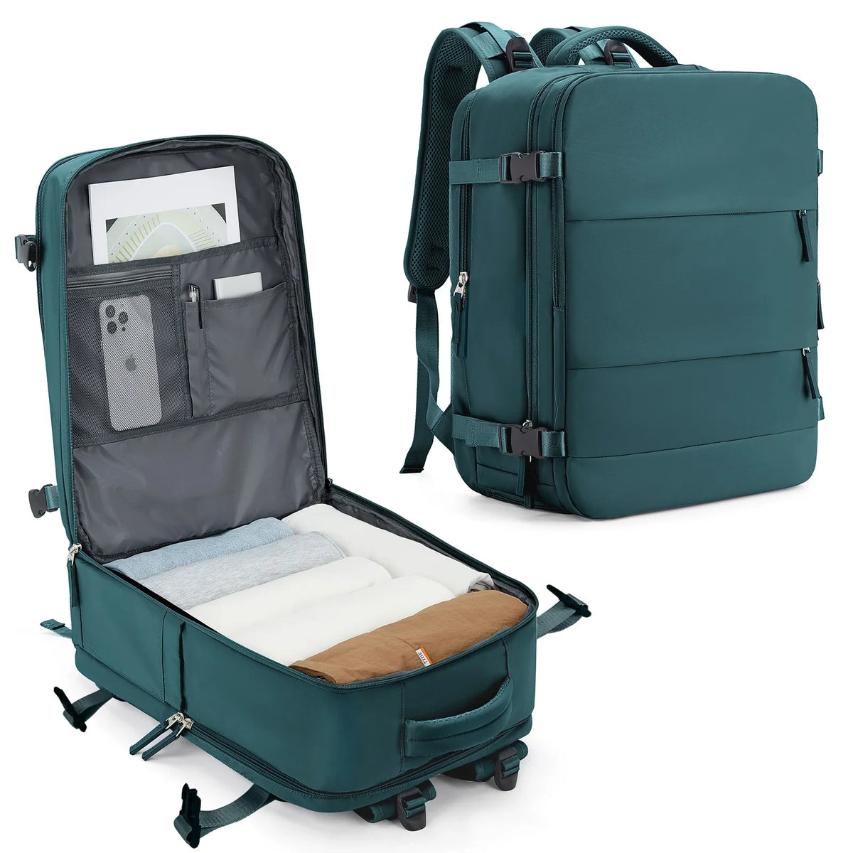 Green travel backpack with open compartment showing organized items on a white background