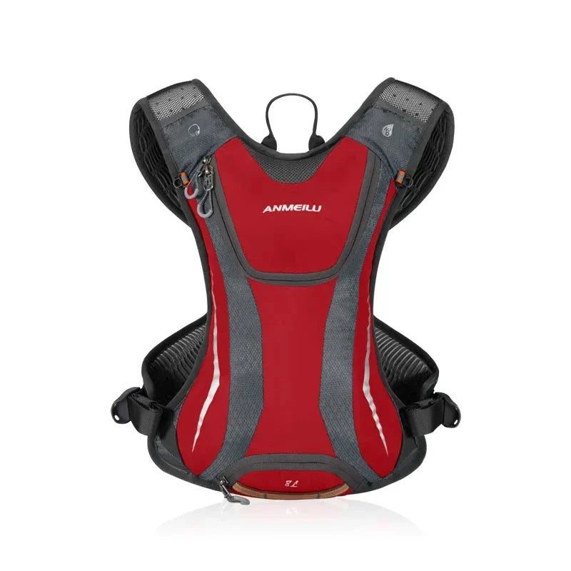 Red and gray hydration backpack with Anmerlu branding on a white background