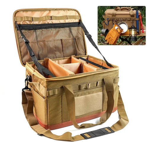 A tan tactical-style storage bag with an open lid, interior organizer compartments, mesh pockets, and a shoulder strap, shown on a white background with a small inset photo of the bag in use outdoors with camping gear.
