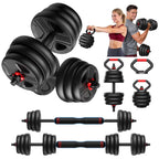 Collection of adjustable dumbbells and kettlebells with a man and woman exercising.