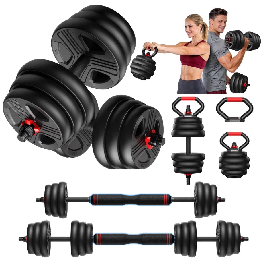 Collection of adjustable dumbbells and kettlebells with a man and woman exercising.