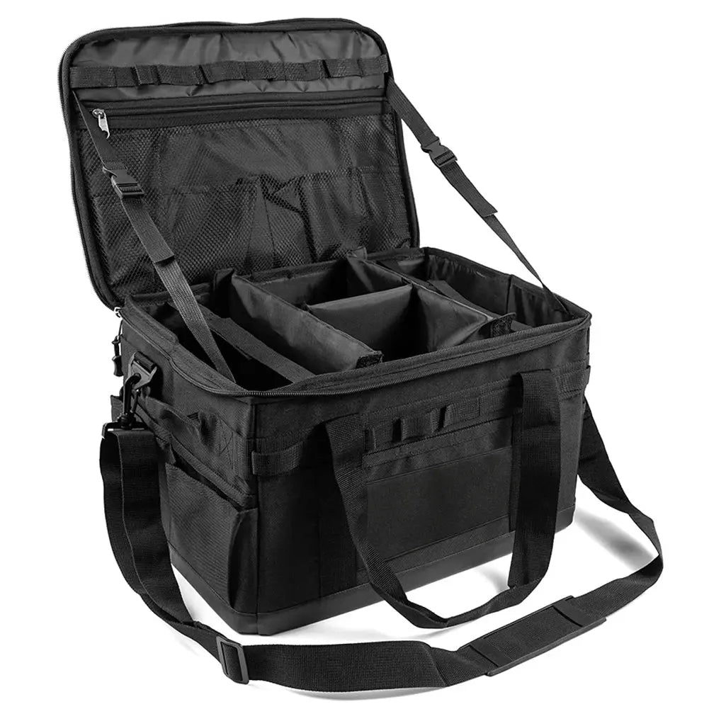 Black tactical bag with open compartments on a white background
