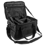 Black tactical bag with open compartments on a white background