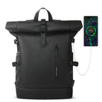 Black roll-top backpack with a smartphone displaying a charging app on a white background