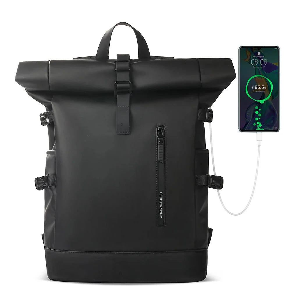 Black roll-top backpack with a smartphone displaying a charging app on a white background