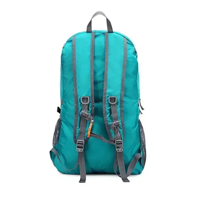 Teal backpack with gray straps on a white background