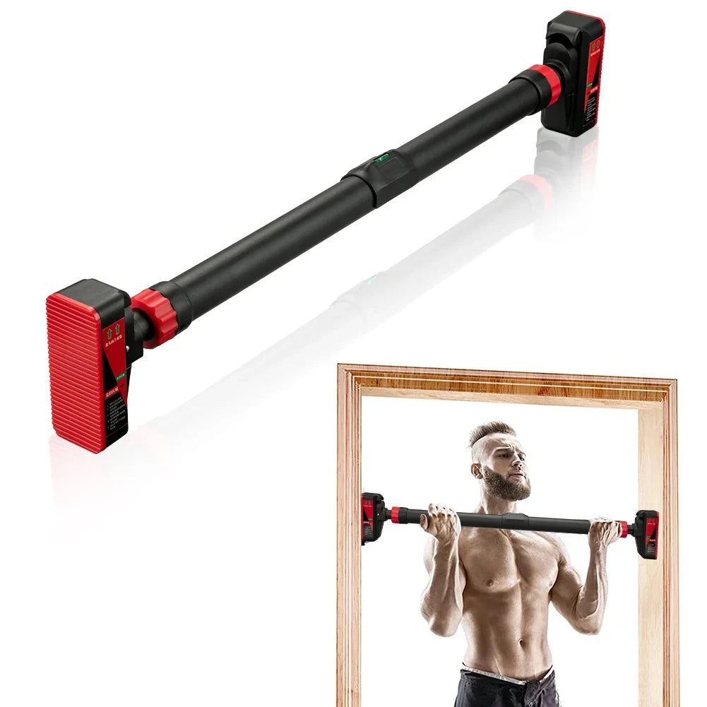 Black and red pull-up bar with a man using it in the background