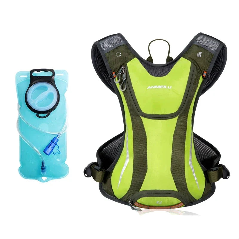 Green and black hydration vest with a blue water bladder on a white background