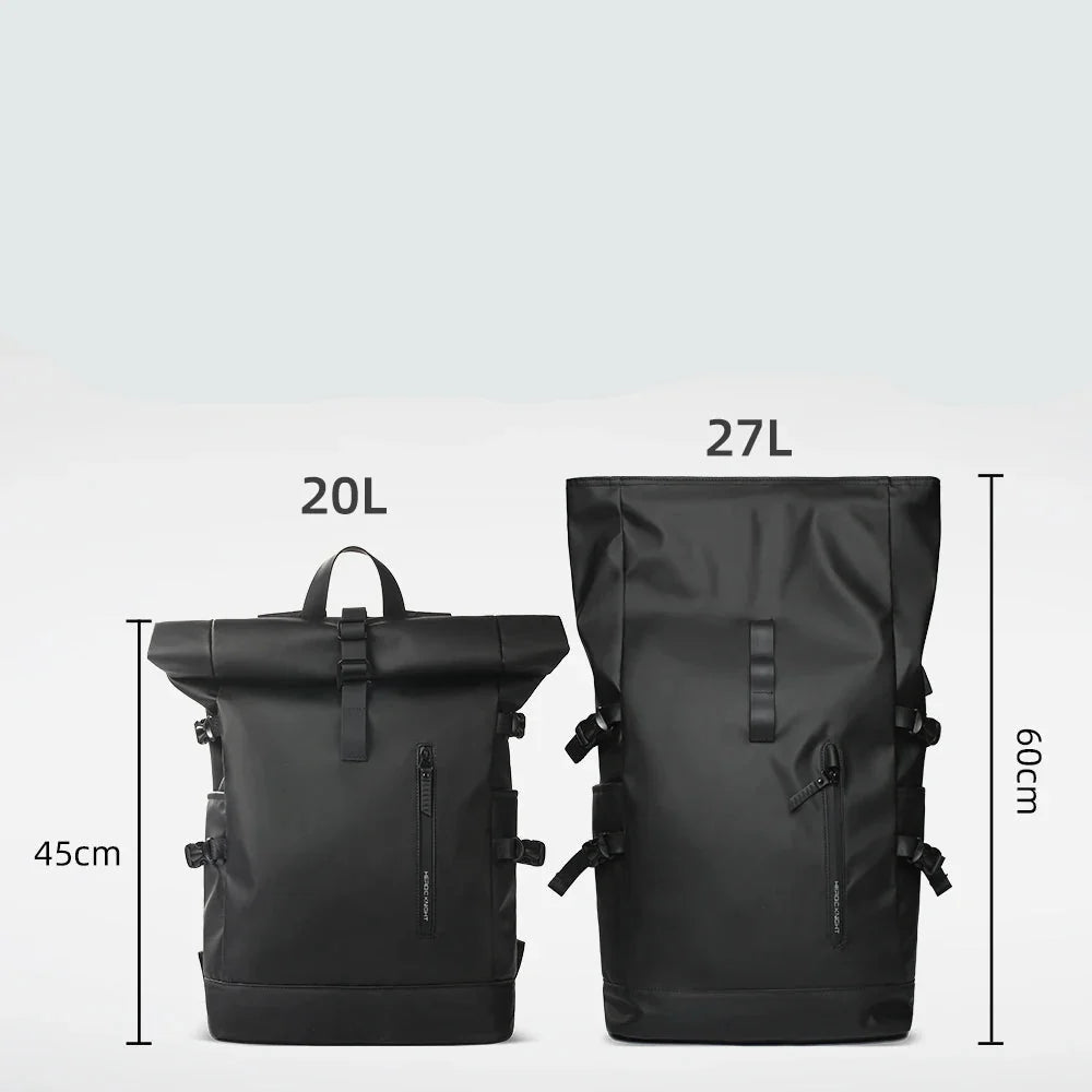 Two black backpacks with measurements on a light gray background