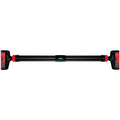 A black adjustable leveling bar with red accents and black battery-powered end units, shown horizontally against a plain white background.