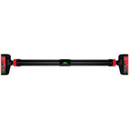 A black adjustable leveling bar with red accents and black battery-powered end units, shown horizontally against a plain white background.