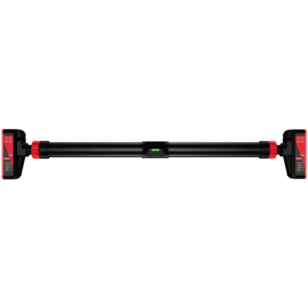A black adjustable leveling bar with red accents and black battery-powered end units, shown horizontally against a plain white background.