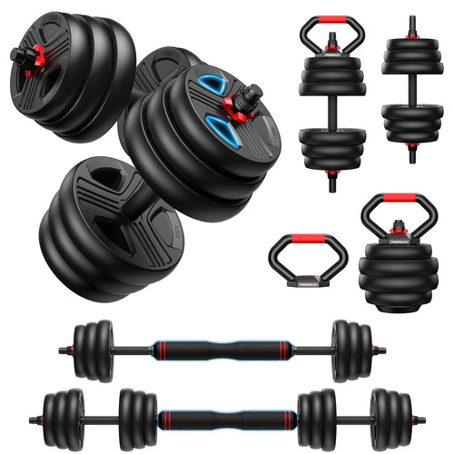 Set of adjustable dumbbells and kettlebells on a white background