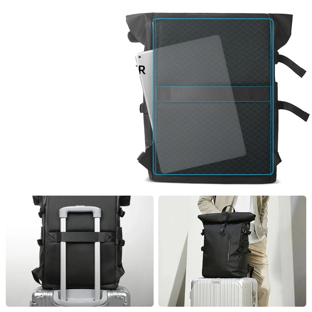 Black backpack with a laptop compartment on a white background