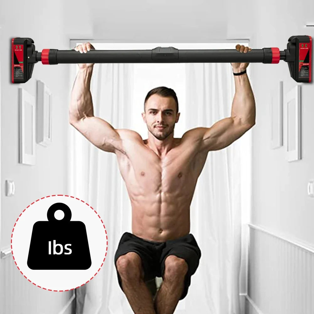 Man using a pull-up bar with a weight indicator in a home setting