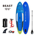 A 10'6" inflatable stand-up paddle board set from Aqua Marina shown on a white background with included accessories: a black carrying bag, red hand pump, black paddle, black fin, and black leash. Large text reads 'BEAST 10'6"'.