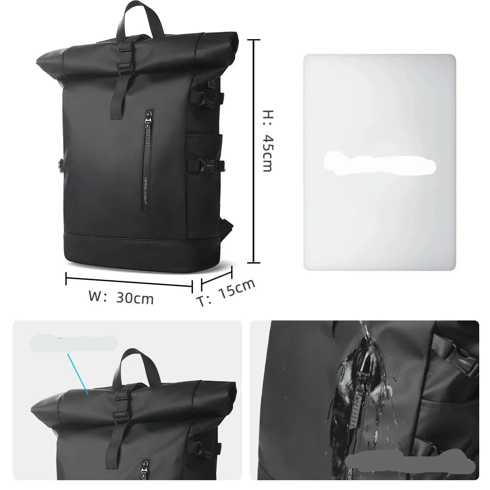 Black roll-top backpack with measurements and additional views on a white background