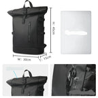 Black roll-top backpack with measurements and additional views on a white background